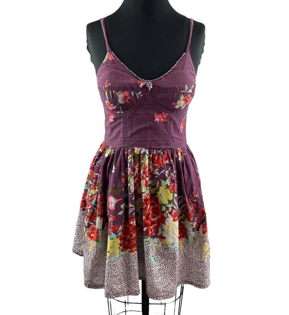 FIRE Los Angeles Purple Floral Bustier Fit & Flare Mini Dress Smocked Cotton M